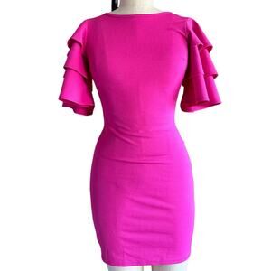 Womens Dress Size Small Pink BodyCon Ruffles Retro 80s Vibes Fun Bold Party
